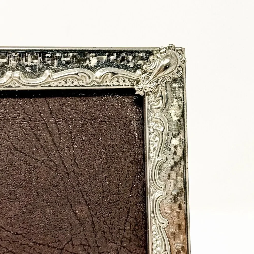 Vintage MCM Ornate Silver Tone Metal 5x7 Photo Frame Footed Easel Back